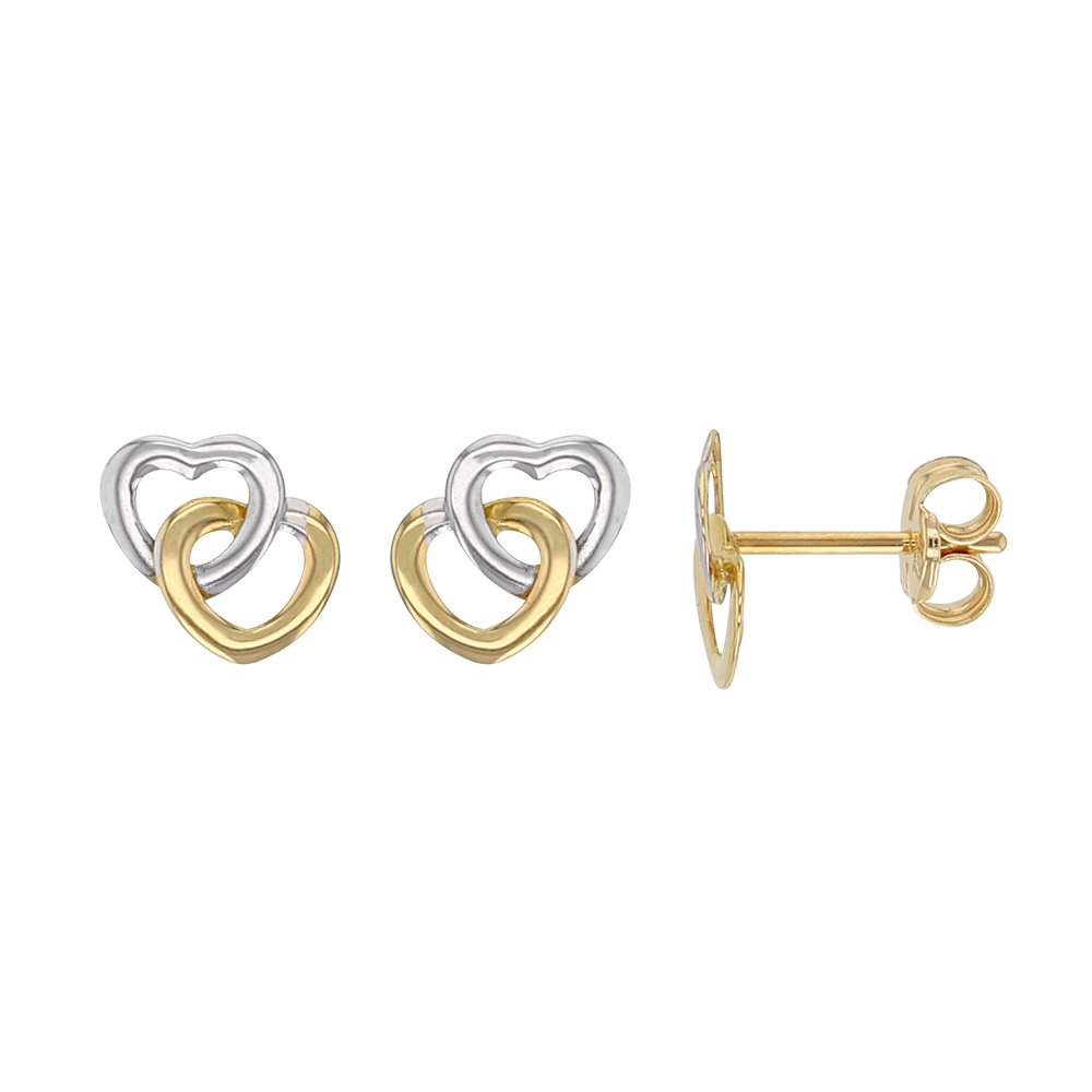 Boucles d'oreilles Or 750/1000 puces avec un coeur blanc et un coeur jaune enlacés