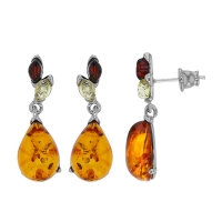 Boucles d'oreilles ornées d'ambres cognac, verte et marron, argent 925/1000 rhodié