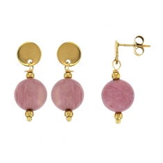 Boucles d'oreilles ornées d'une boule en rhodonite et perles de 4mm en acier doré