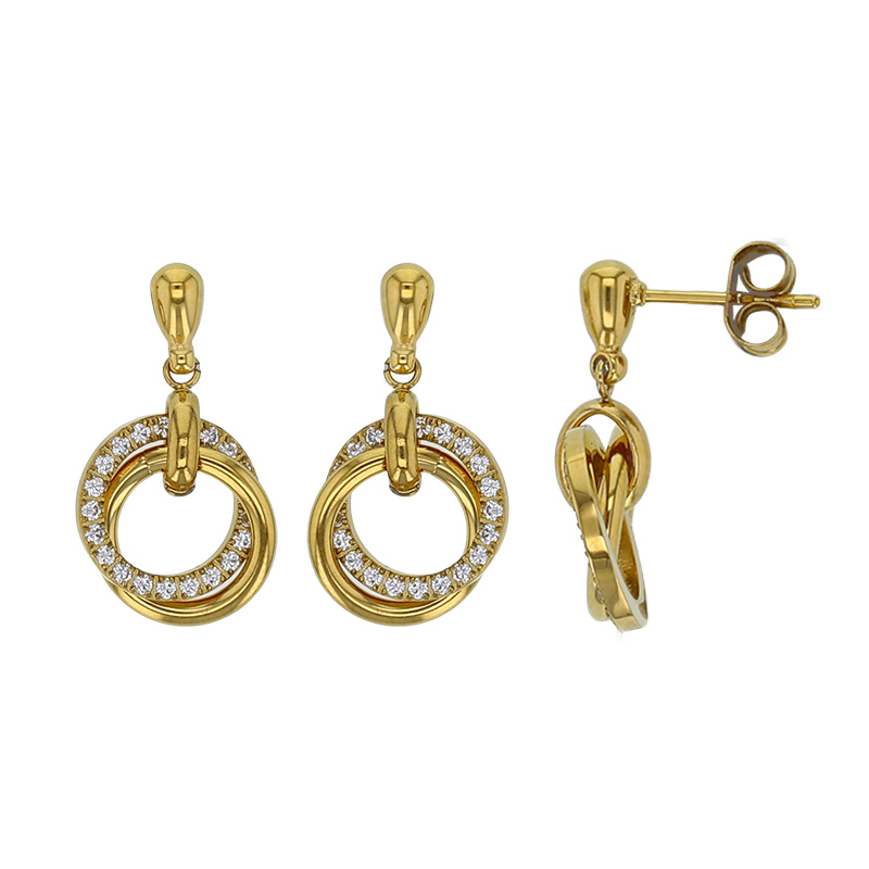 Boucles d'oreilles ornées de 2 cercles entrelacés dont un avec oxydes, acier doré