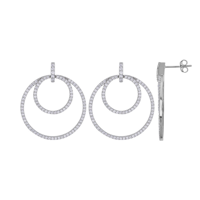 Boucles d'oreilles ornées de 2 cercles pavés d'oxydes, argent 925/1000 rhodié