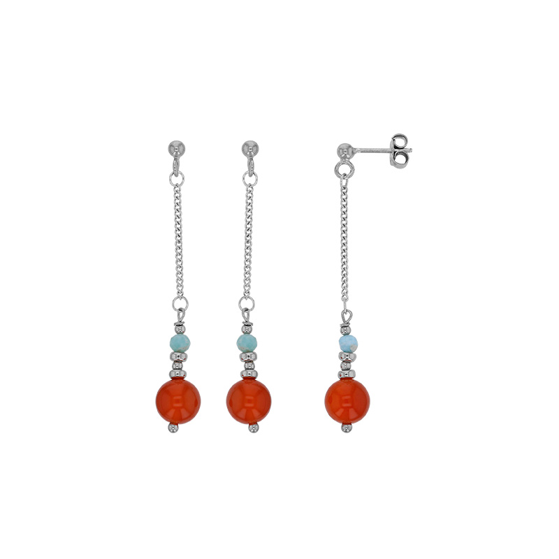 Boucles d'oreilles ornées de pierres Larimar et Cornaline, argent 925/1000 platiné