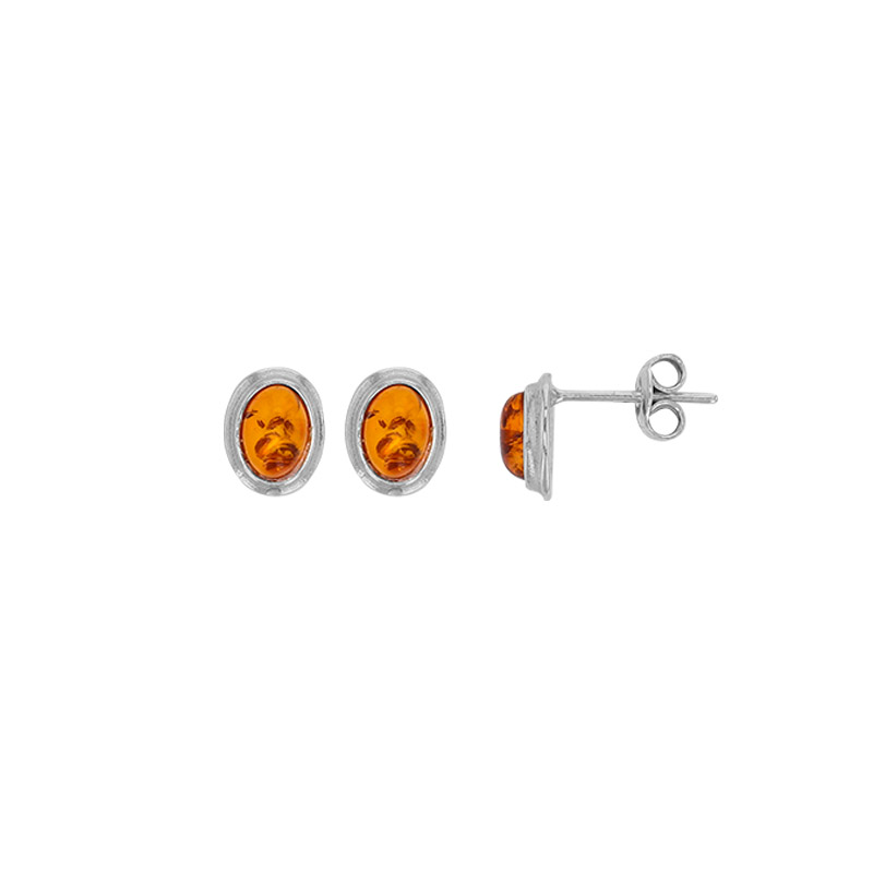 Boucles d'oreilles ovales ornées d'une ambre cognac en argent 925/1000 rhodié