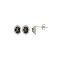 Boucles d'oreilles ovales ornées d'une ambre vert en argent 925/1000 rhodié