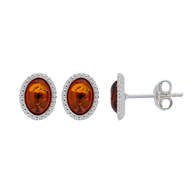 Boucles d'oreilles ovales perlés, ambre cognac en argent 925/1000