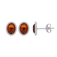 Boucles d'oreilles ovales perlés, ambre cognac en argent 925/1000