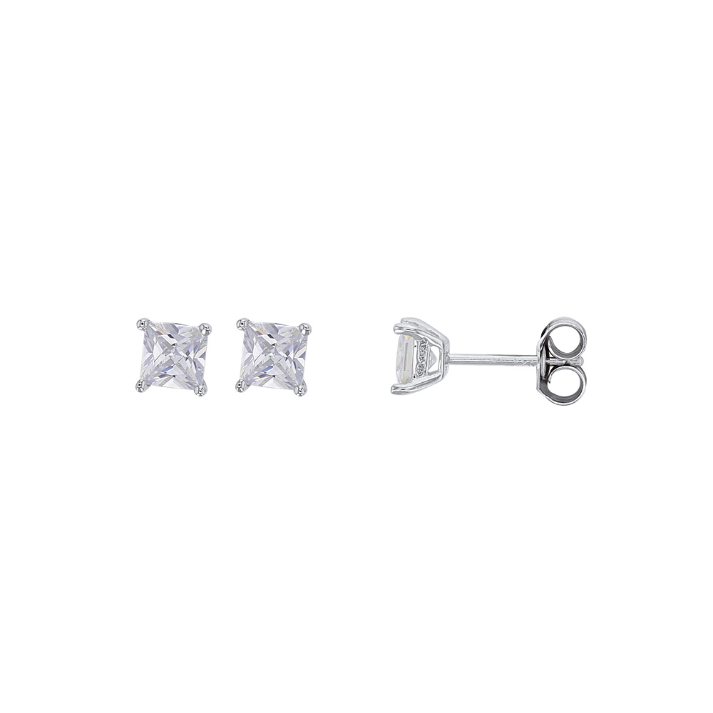 Boucles d'oreilles oxyde taille carrée 5x5mm 4 griffes, argent 925/1000 rhodié