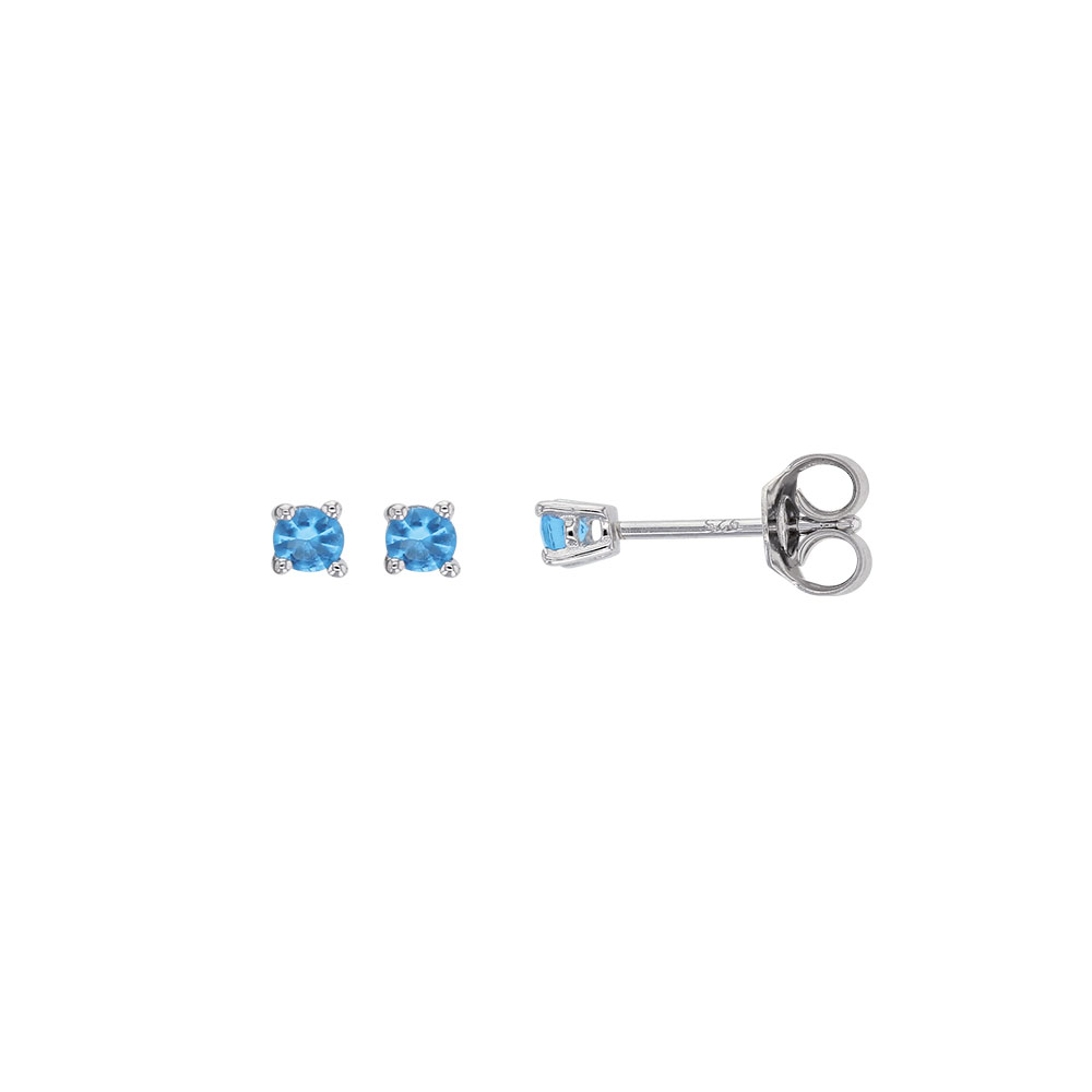 Boucles d'oreilles oxyde teinté bleu aigue-marine 3mm, 4 griffes, argent 925/1000 rhodié