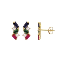 Boucles d'oreilles oxydes bleu, vert, fuchsia et blanc, tailles baguette et ronde, Or 750/1000