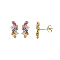 Boucles d'oreilles oxydes de couleurs claires, tailles baguette et ronde, Or 750/1000