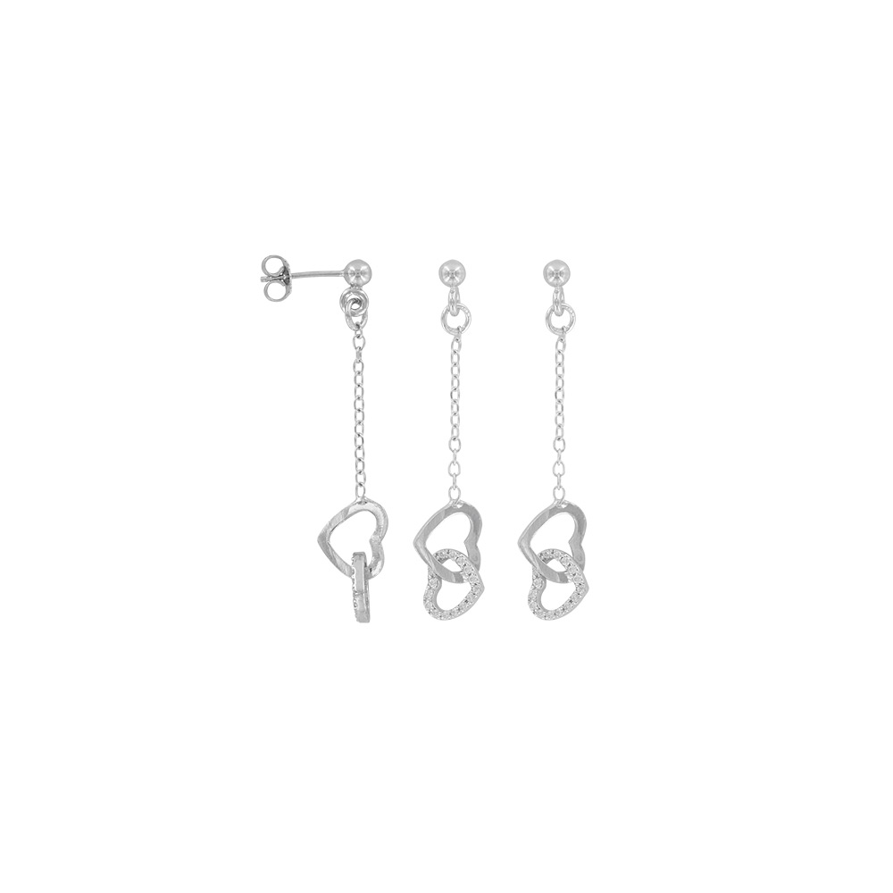 Boucles d'oreilles oxydes de zirconium en argent rhodié 925/1000 - 2 coeurs entrelacés