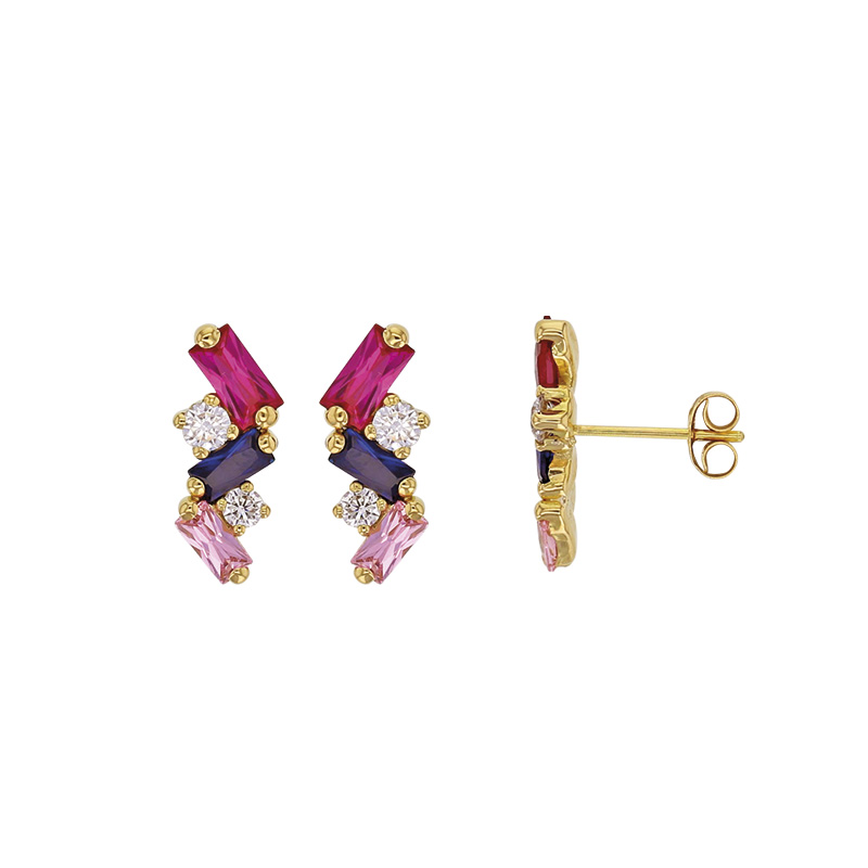 Boucles d'oreilles oxydes fuchsia, bleu, rose et blanc, tailles baguette et ronde, Or 750/1000