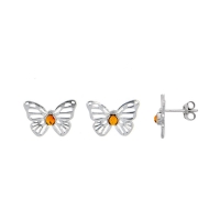 Boucles d'oreilles papillon ajouré pierre d'Ambre, oxyde de zirconium et argent 925/1000 rhodié
