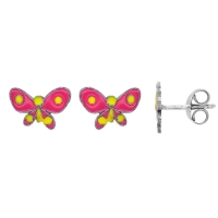 Boucles d'oreilles papillon émail fuchsia, jaune  argent 925/1000 rhodié
