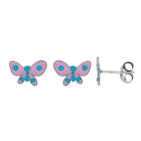 Boucles d'oreilles papillon émail rose et bleu turquoise argent 925/1000 rhodié