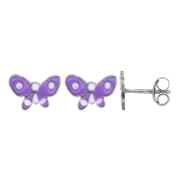 Boucles d'oreilles papillon émail violet, blanc argent 925/1000 rhodié