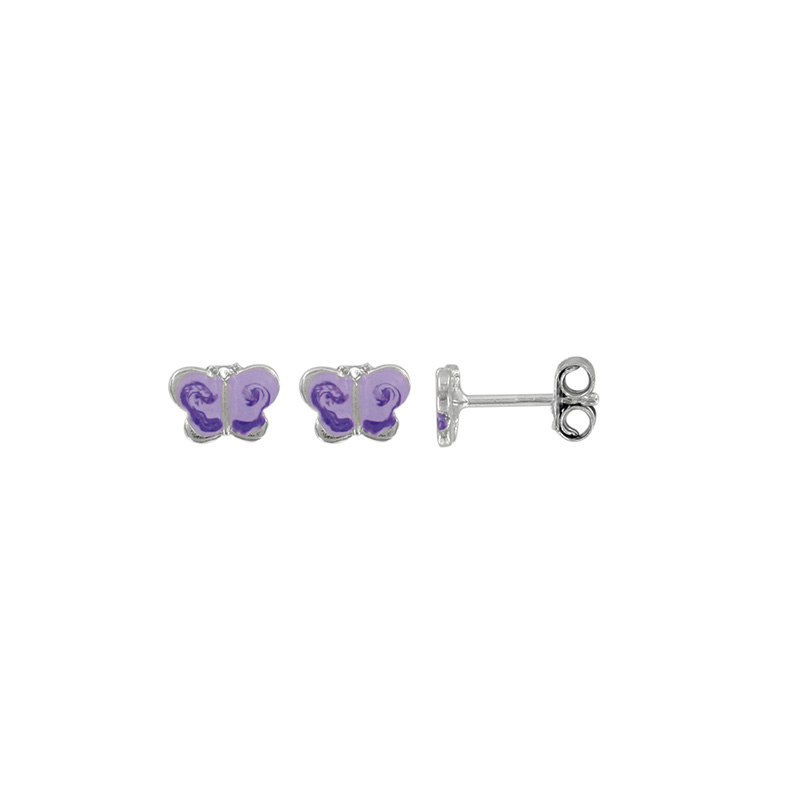 Boucles d'oreilles papillon en argent 925/1000 rhodié et émail violet