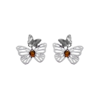 Boucles d'oreilles papillons ajouré et pendant Ambre, Oxyde de zirconium et argent 925/1000 rhodié