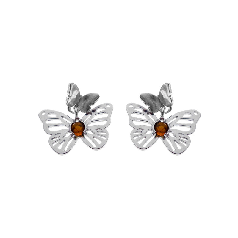 Boucles d'oreilles papillons ajouré et pendant Ambre, Oxyde de zirconium et argent 925/1000 rhodié