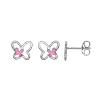 Boucles d'oreilles papillons ajourés, émail rose en argent 925/1000 rhodié