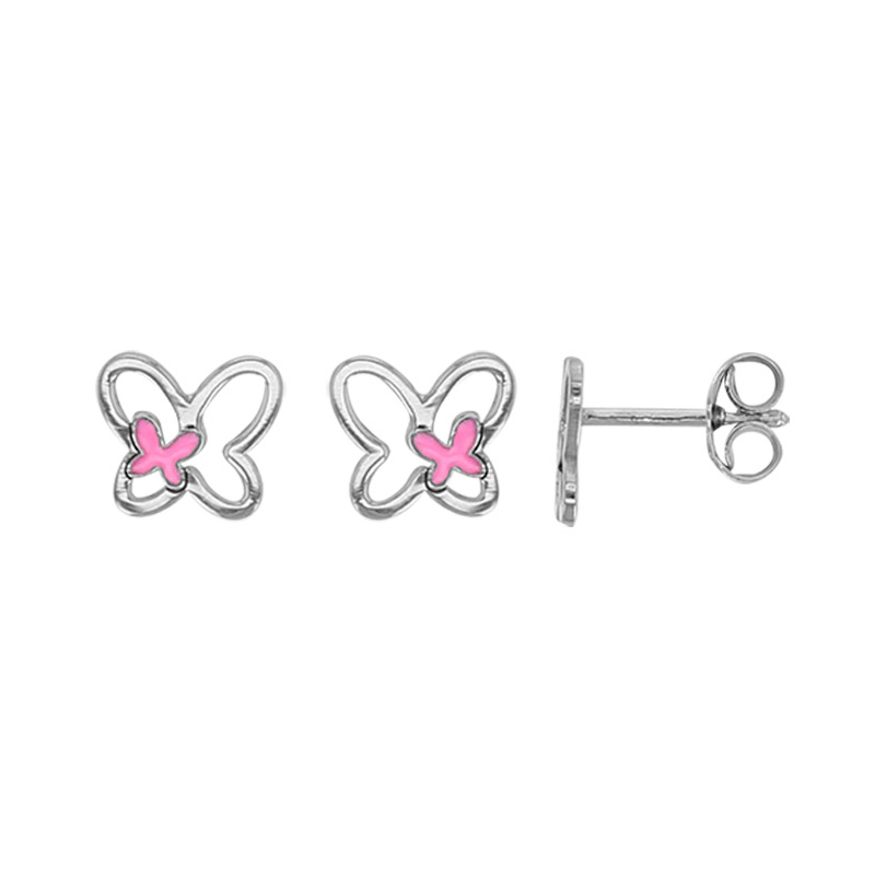 Boucles d'oreilles papillons ajourés, émail rose en argent 925/1000 rhodié