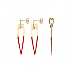 Boucles d'oreilles pendantes 2 coeurs, émail rouge et argent 925/1000 doré