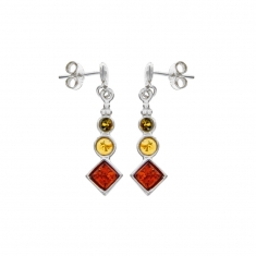 Boucles d'oreilles pendantes 3 pierres ronds/losanges ambre, argent 925/1000