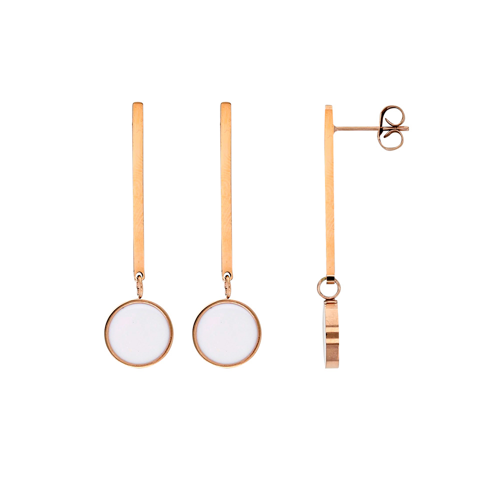 Boucles d'oreilles pendantes acier doré-rose ornées d'un rond blanc émaillé