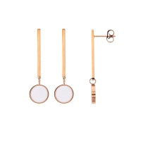 Boucles d'oreilles pendantes acier doré-rose ornées d'un rond blanc émaillé