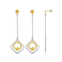 Boucles d'oreilles pendantes carrés emboîtés en acier et doré strié