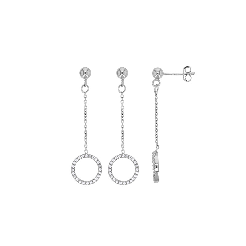 Boucles d'oreilles pendantes cercles avec oxydes argent 925/1000 platiné