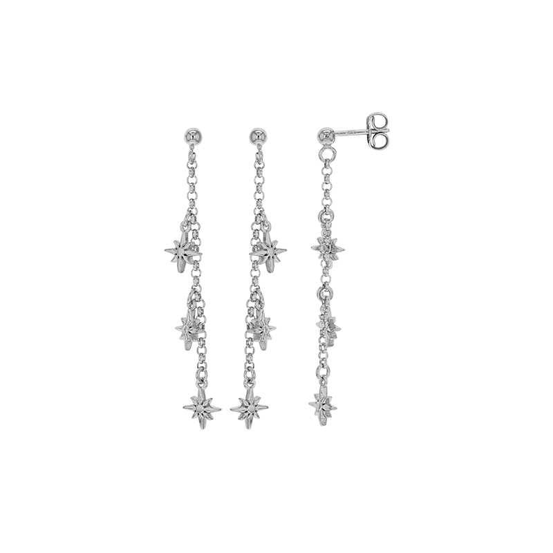 Boucles d'oreilles pendantes 3 étoiles, maille jaseron, argent 925/1000 platiné