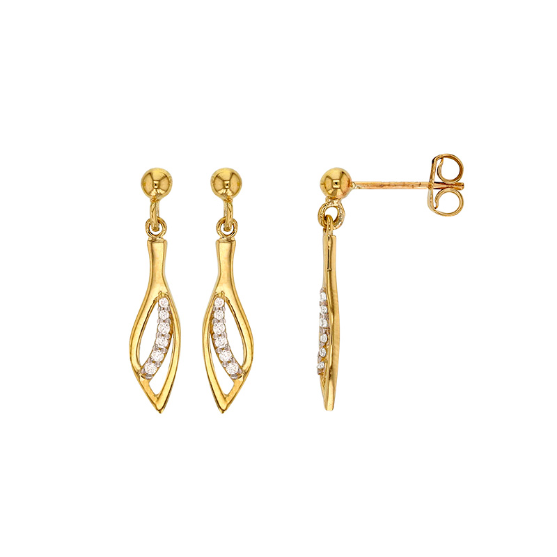 Boucles d'oreilles pendantes évidées or jaune et blanc 375/1000 avec oxydes de zirconium