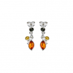 Boucles d'oreilles pendantes forme de feuille, en ambre tricolore et argent 925/1000