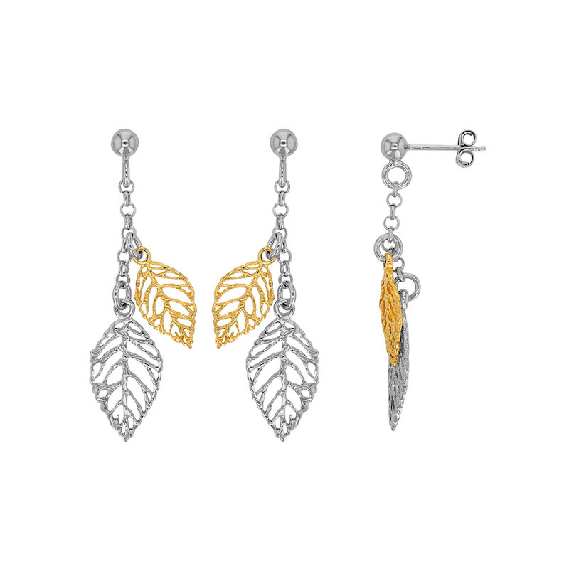 Boucles d'oreilles pendantes INDIANA feuilles en argent 925/1000 rhodié et argent 925/1000 doré