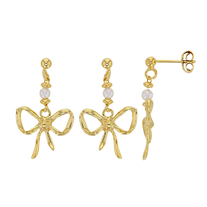 Boucles d'oreilles pendantes motif noeuds et perles de culture d'eau douce, argent doré 925/1000