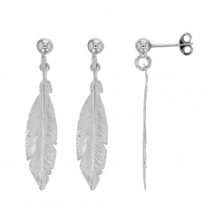 Boucles d'oreilles pendantes motif plume en argent rhodié 925/1000