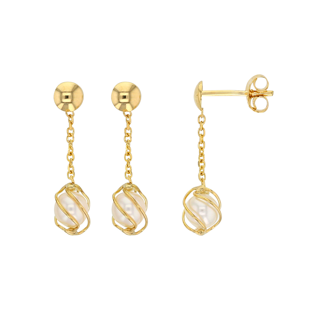 Boucles d'oreilles pendantes Or 750/1000 et perle d'eau douce en cage