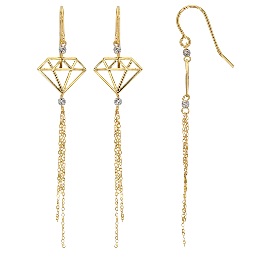 Boucles d'oreilles pendantes Or jaune et blanc 375/1000 -  forme de diamant