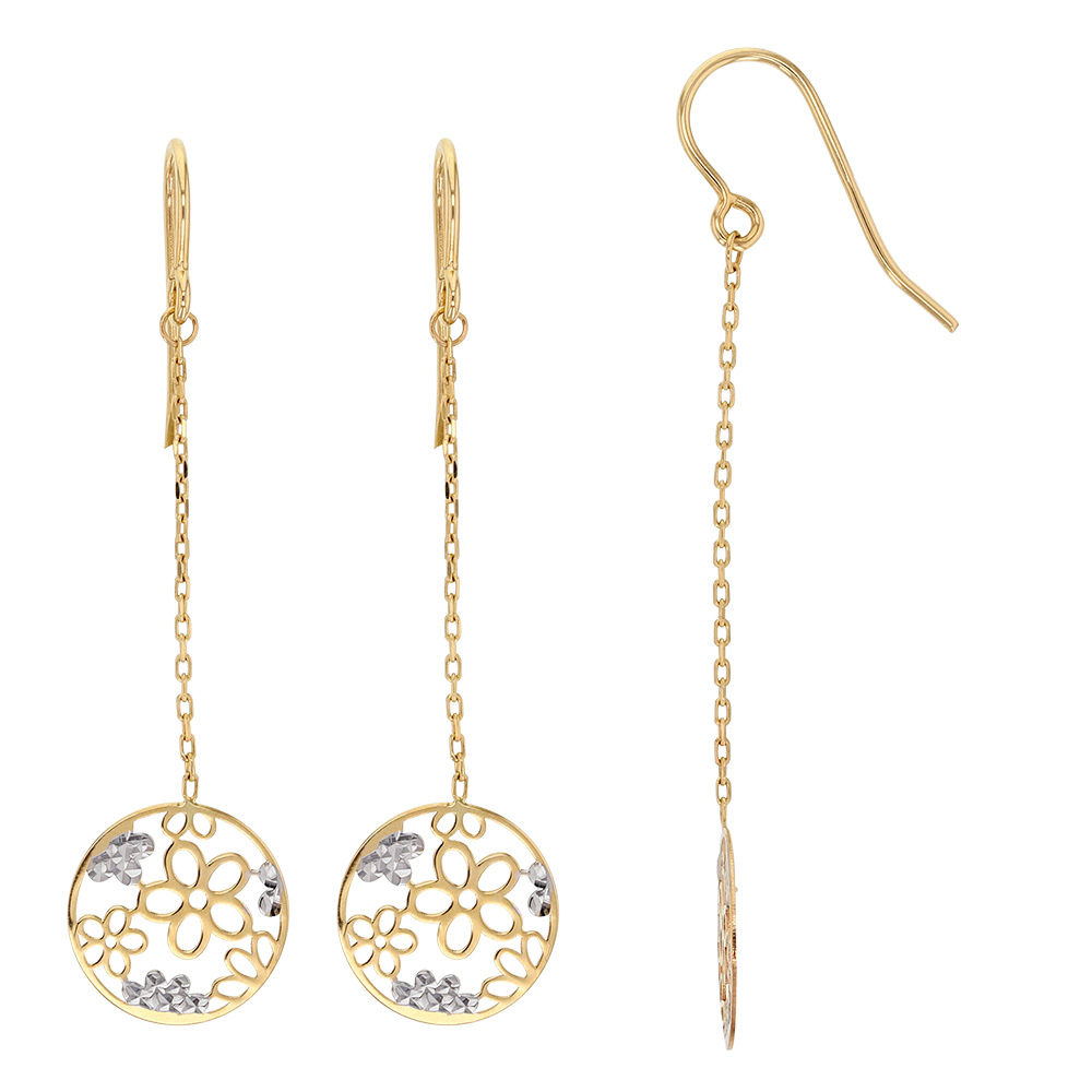 Boucles d'oreilles pendantes Or jaune et blanc 375/1000 - motif floral