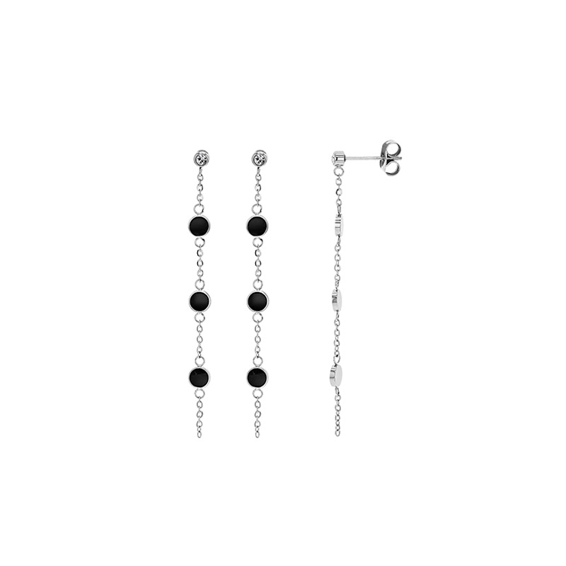 Boucles d'oreilles pendantes oxyde serti clos et ronds résine noire, acier