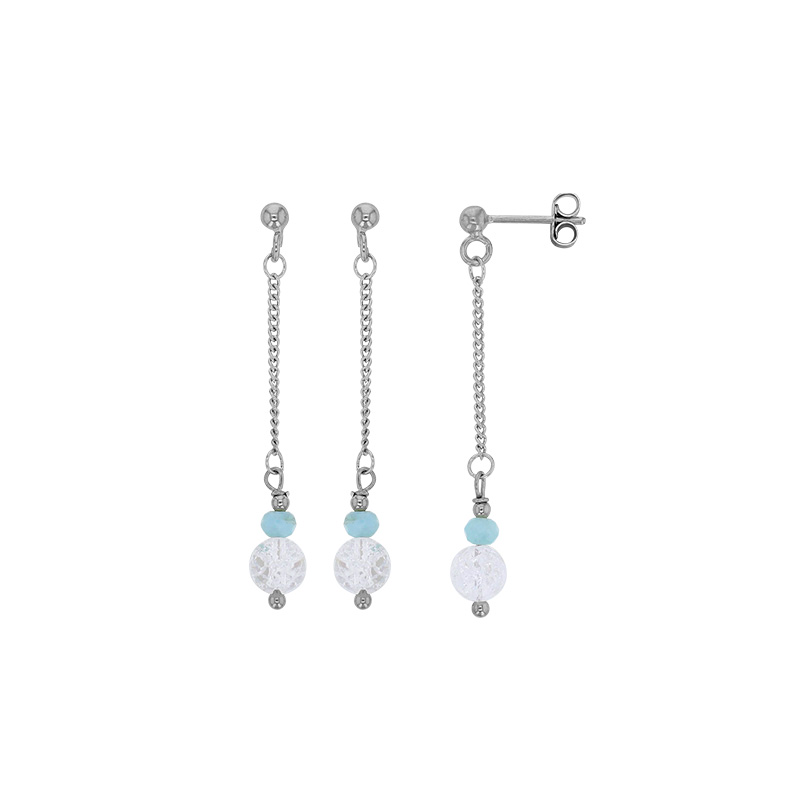 Boucles d'oreilles pendantes pierres Cristal de roche et Larimar, argent 925/1000 rhodié