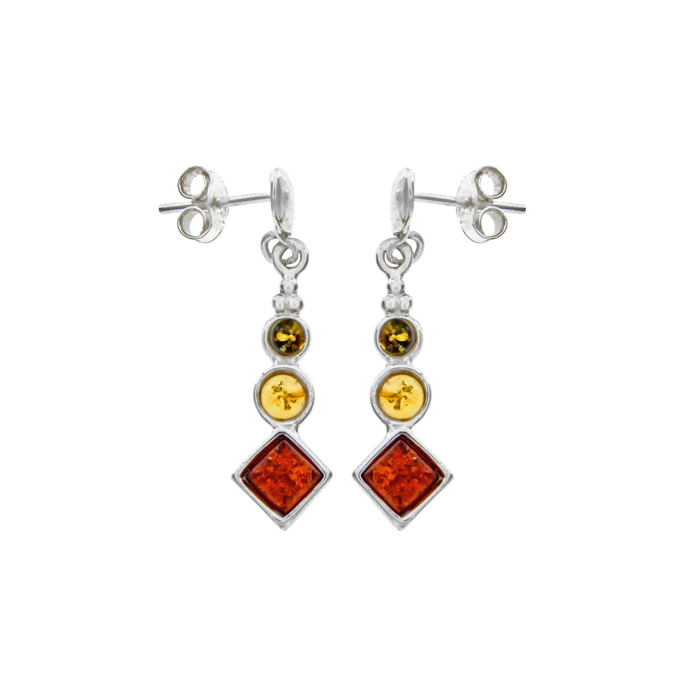 Boucles d'oreilles pendantes 3 pierres ronds/losanges ambre, argent 925/1000