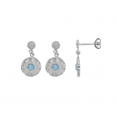 Boucles d'oreilles pendantes rondes aspect martelé, pierre Larimar, argent 925/1000 platiné