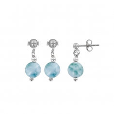 Boucles d'oreilles pendantes rondes en Larimar et argent 925/1000 rhodié