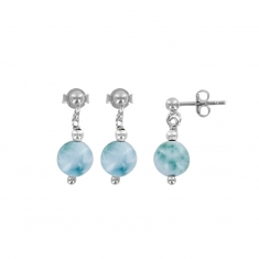 Boucles d'oreilles pendantes rondes en Larimar et argent 925/1000 rhodié