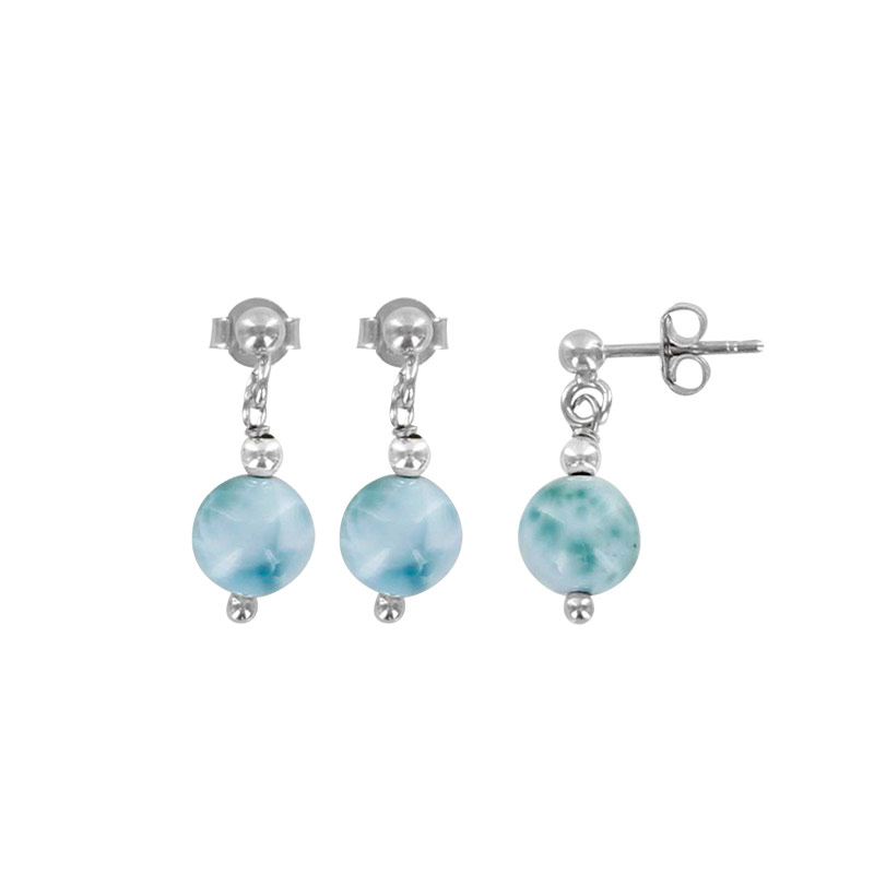 Boucles d'oreilles pendantes rondes en Larimar et argent 925/1000 rhodié