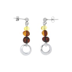Boucles d'oreilles pendants en Ambre tricolore et en argent 925/1000 rhodié