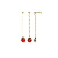 Boucles d'oreilles pendants Or 375/1000 ornées d'une coccinelle émail rouge