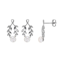 Boucles d'oreilles perles d'eau douce de culture, feuilles de laurier en argent rhodié